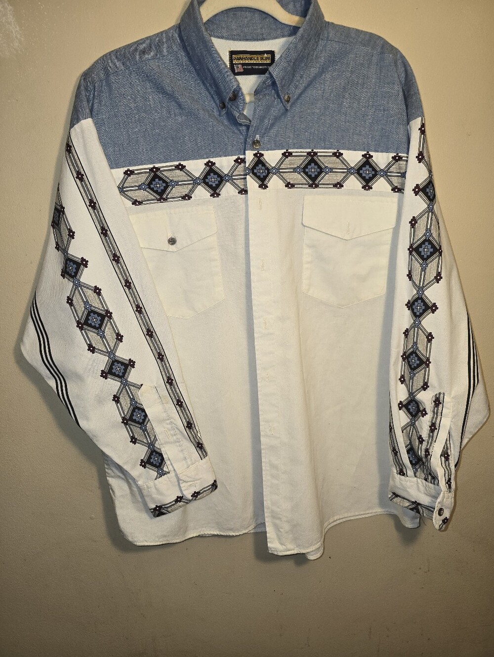 Vintage Panhandle Slim White & Light Blue Western Aztec Cowboy Shirt